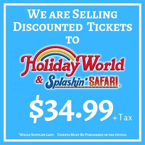 Discounted holiday world tickets. The Holiday World & Splashin’ Safari Fun Club is a great perk for companies of 15 or more employees. Your team can use it to purchase discounted tickets and Season Passes at a great rate. They’ll pay less than what they’d pay online or at our Front Gate. Your employees can plan their own holiday at the Water Coaster Capital of the World ... 