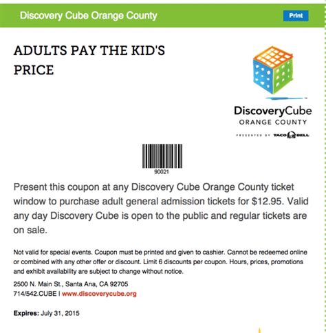Discovery cube coupons. Give the Gift of Science for Orange County! Thank you for giving the gift of science and discovery! Every gift makes a difference. Your support helps make science field trips, workshops, assemblies and environmental programs accessible for all. Discovery Cube is recognized by the IRS and the State of California as a non-profit 501 (c) (3 ... 