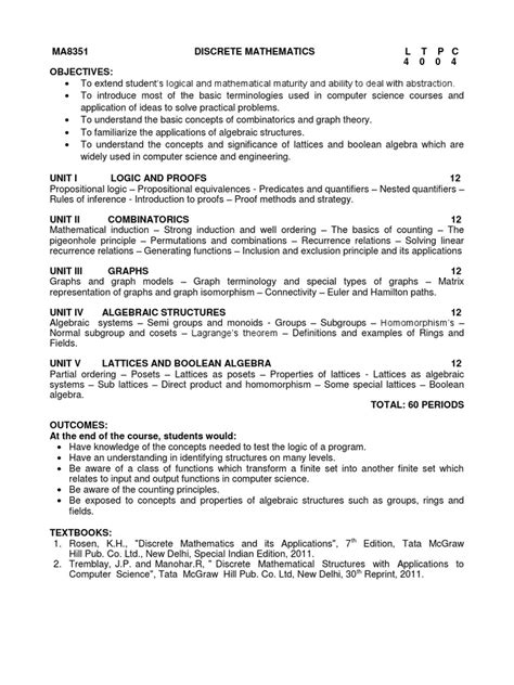 Discrete Math Syllabus PDF Discrete Mathematics Test (Assessment)