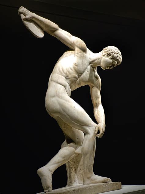 Diskobolos (discus-thrower) of Myron. · Statuette of a Diskobolos; Unknown; Etruria; 480 B.C.; Bronze Stock Photo · Discobolos, discus thrower, by Myron, c.