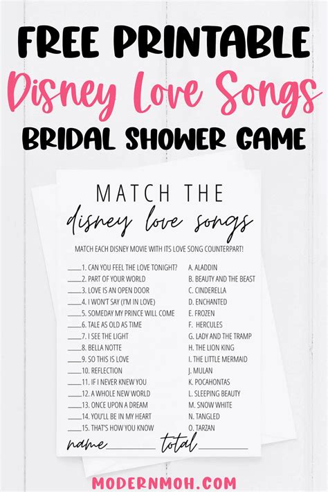 Disney Love Songs Game Free Printable - Modern MOH