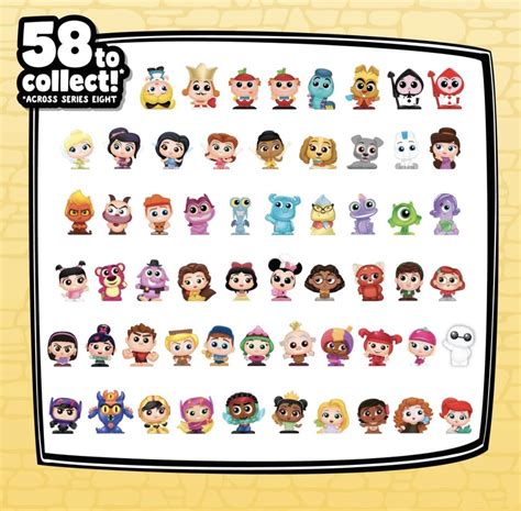 Disney doorables series 8 checklist. and. Amazon. ! In the blind packages, there are 33 blind characters to collect. The character’s eyes are made of glass and are sparkly. Some characters we got were sparkly and one was fuzzy ... 