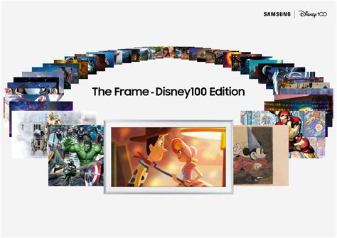 Disney frame tv. The TV also features exclusive bezels in the Disney100 signature color, a special Disney edition remote featuring Mickey Mouse, and 100 pieces of special artwork inspired by classic Disney stories. 