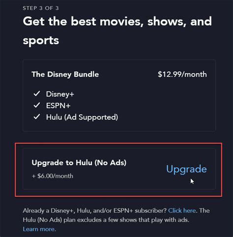 Disney plus no ads. Yes! You have the option to choose between Duo Premium which includes Disney+ (No Ads) and Hulu (No Ads) for $19.99/month and Trio Premium which includes Disney+ (No Ads), Hulu (No Ads), and ESPN+ (With Ads) for $24.99/month. If you would like to purchase the Hulu (No Ads) + Live TV plan, you must purchase through Hulu. 