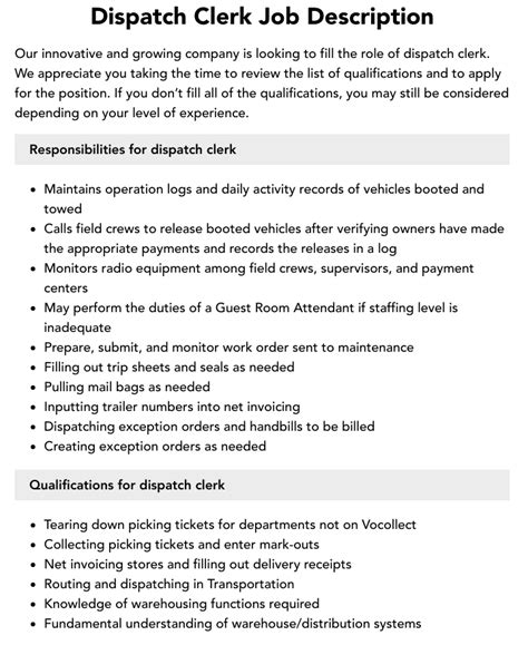 Dispatch clerk job description.  Junior roles focus on basic administrati...