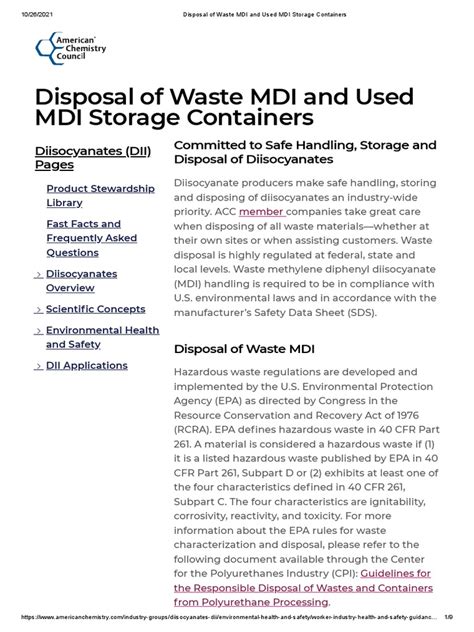 Disposal of Waste MDI and Used MDI Storage Containers