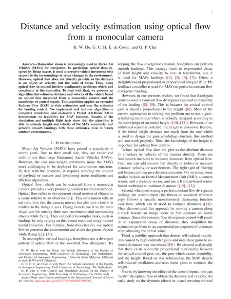 Distance and velocity estimation using optical flow from a …