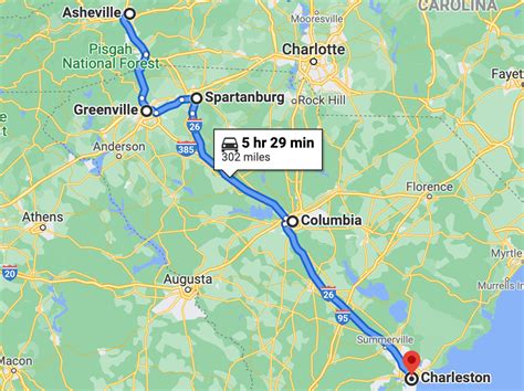 The direct drive from Charleston to Asheville is 293 mi (471 km), and should have a drive time of 4 hrs 33 mins in normal traffic.. 