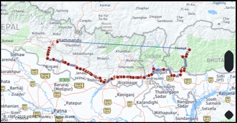 Distance from Kathmandu Nepal to Thimphu Bhutan