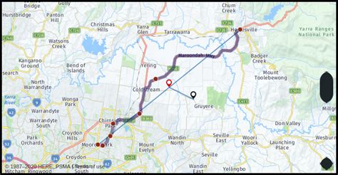 Distance from Melbourne to Healesville, driving or flying mileage