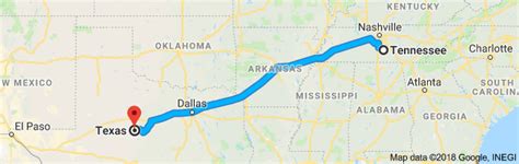 Distance from Texas to Tennessee