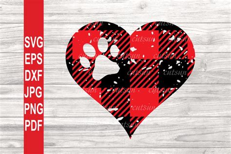 Distressed Heart in Buffalo plaid with a paw print SVG