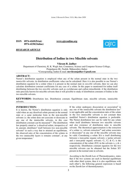 Distribution of Iodine in two Miscible solvents Request PDF