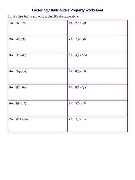 Distributive Property Factoring Worksheet