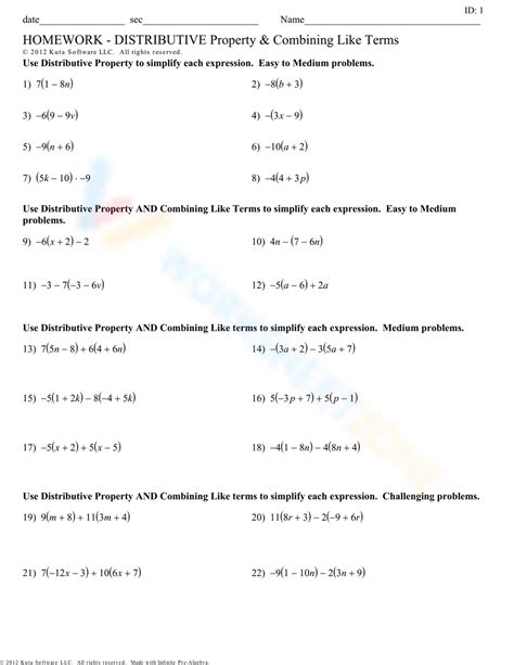 Distributive property and combining like terms homework.  D&eacute;velopp...