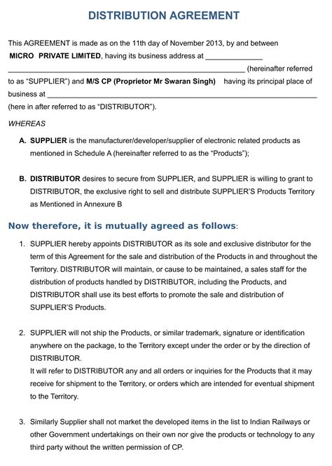 Distributor Agreement Service Agreement