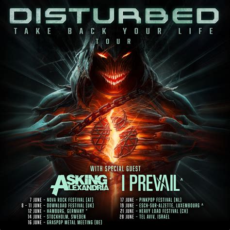 Disturbed tour. Below you can see a full list of Disturbed’s 2024 US tour dates. Get tickets here. Disturbed’s 2024 Tour Dates with Falling in Reverse and Plush: 01/19 – Peoria, IL @ Peoria Civic Center. 01 ... 