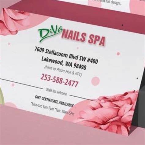 Do yourself a favor and book an appointment with Diva Nail Spa. Your hands & feet will thank you! More Reviews. Hours. Monday: 10AM - 7:30PM Tuesday: 10AM - 7:30PM Wednesday: 10AM - 7:30PM Thursday: 10AM - 7:30PM Friday: 10AM - 7:30PM Saturday: 9:30AM - 7PM Sunday: 11:30AM - 6PM. Tips. accepts credit cards gender-neutral …. 