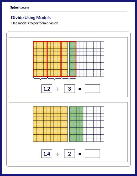 Divide Decimal Number by Whole Number Using Models Math Worksheets