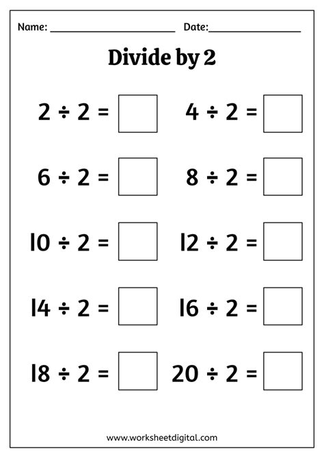 Divide by 2 Worksheet Digital