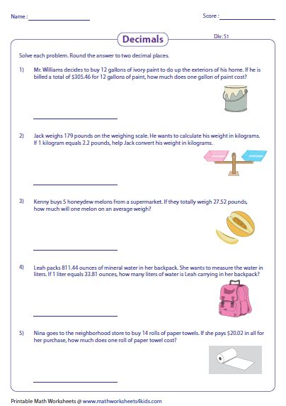 Dividing Decimals Word Problems Worksheet