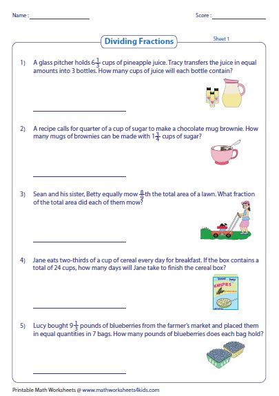 Dividing fractions word problems. Home > Math Worksheets > Word Problems > Fraction Word Problems. Your students will use basic mathematical (addition, subtraction, multiplication, and division) to solve word problem involving ratios, fractions, mixed numbers, and fractional parts of whole numbers. They will also solve problems requiring them to find a fractional part and find ... 