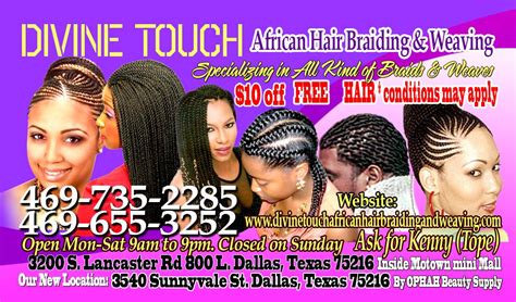 Get directions, reviews and information for Divine Touch African Hair Braiding & Weaving in Dallas, TX. You can also find other Hair Salons on MapQuest. 