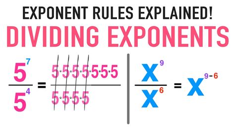 Apr 7, 2023 · The calculation of the division of the exponents follows the most important rule of the power quotient, which has the following appearance: \frac{w^{a}}{w^{b}} = w^{a-b} Dividing exponents with different bases. When dividing exponents by different base numbers, you can distinguish two situations, which we will explain with examples below. . 