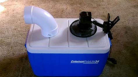 Diy air conditioner. Homemade AC Air Cooling unit produces very cold air. 42F air (in an 80F room). items needed: ice chest (hard-sided or styrofoam), pvc pipe, small fan and ice... 