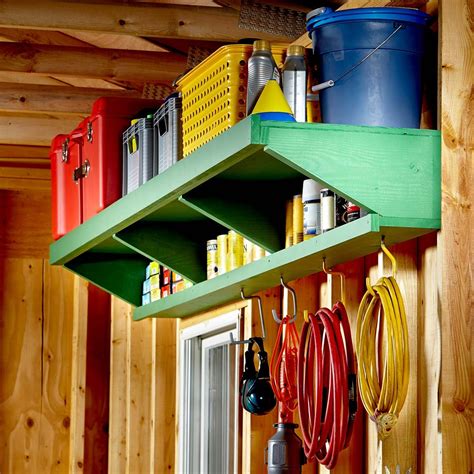 Diy garage shelf. The wooden overhead garage storage shelves are designed to fit into that unused space above the garage doors (you need 16 in. of clearance to fit a shelf and standard 12-1/2 in. high plastic bins ... 