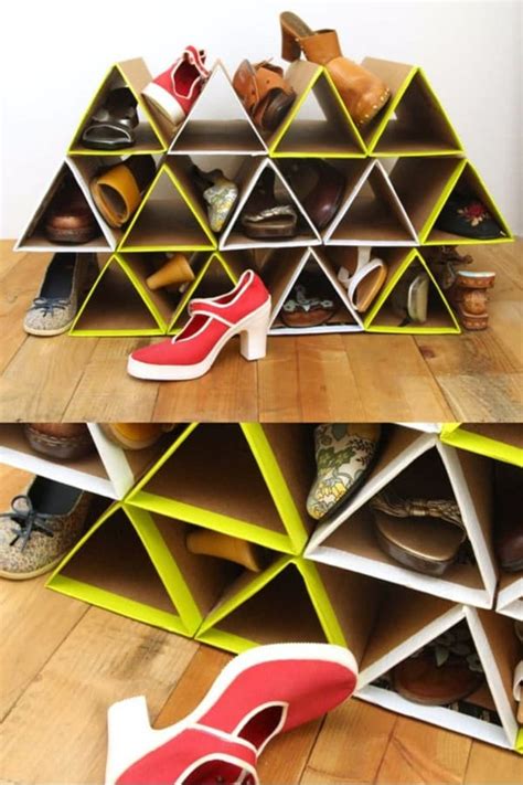 Diy shoe rack cardboard. 1. Storage shoe trees. Vertical shoe trees or pegboards make a convenient storage solution for everyday shoes. Keep them off the floor, organized and out of the way. Hanging shoes for a long period of time can stretch and deform leather, so be sure to switch up the way you hang them to prevent any damage. 