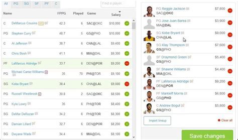 NBA projections and lineup builder to help win DraftKings and FanDuel daily fantasy contests.. 