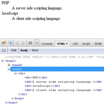 Dl dt dd html example.  How to create a definition list using the <d...