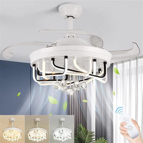 DLLT 40W Ceiling Fan with LED Lights, 42 Inch Modern Chandelier Ceiling Fan Remote, 3-Blade Retractable Flush Mount Ceiling Fans Light for Bedroom, Living Room, Kitchen, 3 Color Changeable, Timing,FCC 106. 