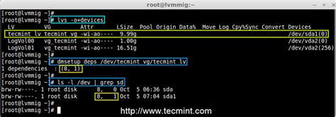 Dmsetup info.  For general system information about LVM devices, you may find ...