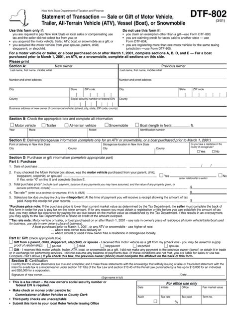 New York DMV Forms > NY DMV Registration and Title > Form DTF-803 - Claim for Sales and Use Tax Exemption - New York . Form MV-35 - Statement of Vehicle Owner Not Having Valid Title - New York ... If you are claiming an exemption for a gift, use Form DTF-802, Statement of T ransaction - Sale or Gift of Motor V ehicle, T railer, All-T errain .