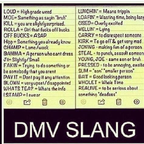 Dmv slang meaning. Dmv slang . OFF TOPIC👀 Bra when did we switch up some words, before it was Joan now it's bid, it was UU before now its freecar etc. or am i trippin and mfs always been saying that ... I'm from the west coast can any of y'all explain what any of these mean 😂😂😂😂😂😂 I can throw y'all some west coast lingo Reply reply 