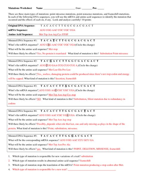 Dna mutations activity worksheet answer key.  The document provides instruct...