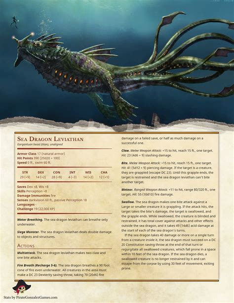 Dnd 5e sea monsters by cr. CR Speed Size Type Alignment Adamantine Shelled Warbot : 9 30 ft. Medium construct unaligned Afilate Abomination : 9 30 ft., climb 30 ft. Medium aberration unaligned Airelong : 9 40 ft., fly 80 ft. Large dragon unaligned Allegiance : 9 50 ft. Large celestial lawful good Ancient Ogre : 9 30 ft., fly 25 ft. Large humanoid lawful evil Annulid ... 