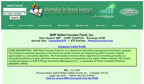 DNP Select Income Fund Inc. is a closed ended balanced mutual fund launched by Virtus Investment Partners, Inc. The fund is managed by Duff & Phelps Investment Management Co. It invests in the public equity and fixed income markets of the United States. For the fixed income portion, the fund invests in bonds.
