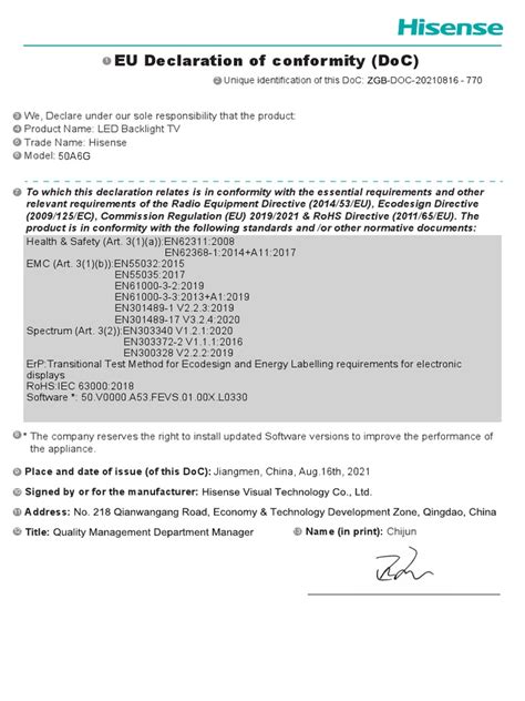 Doc declaration of conformity. 1a), EMC (Article 3.  The object of the declaration described a...