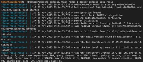 Docker compose logs clear.  Persist&ecirc;ncia: O Redis opera em modo --appendonly yes.  Logs: A ...
