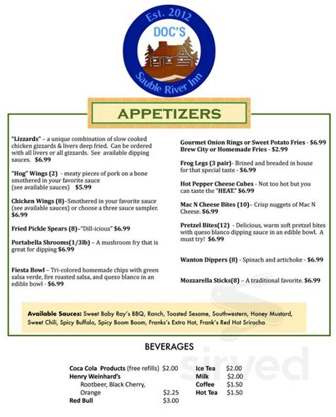 Docs sauble river inn menu. Doc's Sauble River Inn: Great Breakfast! - See 52 traveler reviews, 17 candid photos, and great deals for Free Soil, MI, at Tripadvisor. 