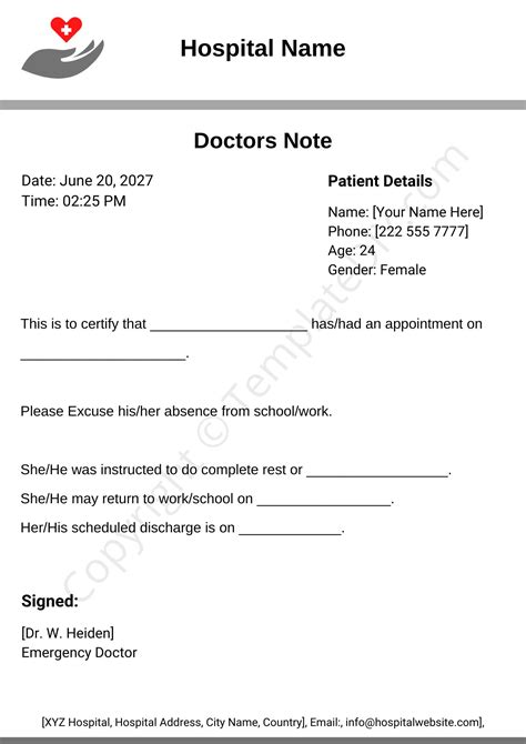Doctors Note For Work Example