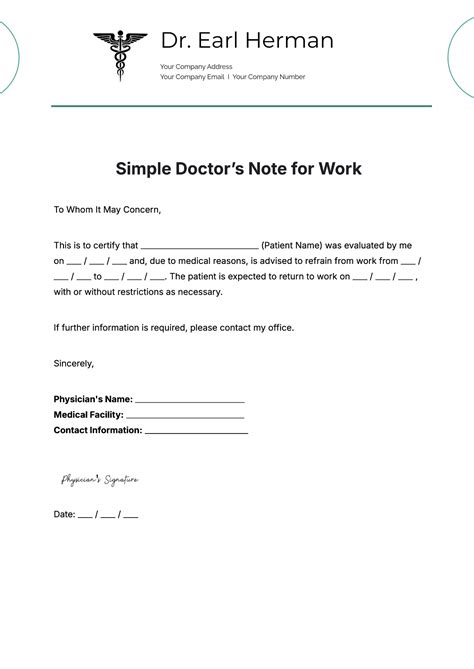 Doctors Note For Work Template Free