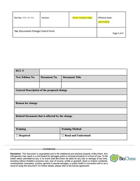 Document Change Control Form QMS Document Template Bio Chem