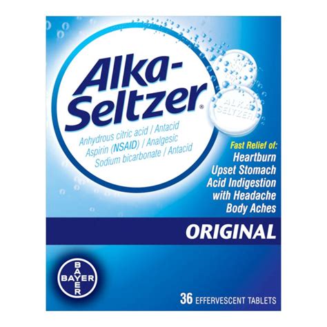  Alka-Seltzer is a medical drug that works as a pain reliever and an antacid (antacids help neutralize stomach acidity, such as heartburn). The pain reliever used is aspirin and the antacid used is baking soda (sodium bicarbonate, NaHCO3). To take the tablets, they should be fully dissolved in a glass of water. . 
