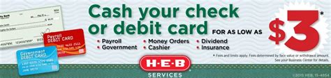 Is it possible for H-E-B to cash money orders? To cash a check or withdraw money from your debit card, stop by your HEB Business Center! You can cash your government, payroll, dividends, insurance, and Western Union Money Orders at HEB for a fee starting at $3. What is the cost of cashing a check at HEB? Fees for cashier’s checks Cashier’s …. 