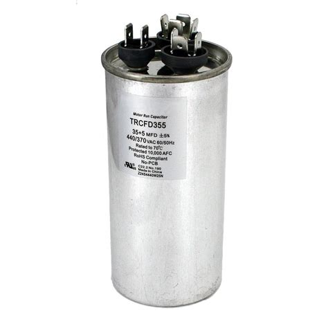 Does home depot sell ac capacitors. Tolerance plus/minus 5%. Operating temperature negative 13 to 185 degrees F. Life tested to 120% of rated voltage at 185 degrees for 1,000 continuous hours, cycle tested at 140% of rated voltage at 185 degrees for 100,000 cycles. Meets EIA 456 and IEC 252 standards, UL recognized and CSA certified. Manufacturer part number CD35+5X370R. 