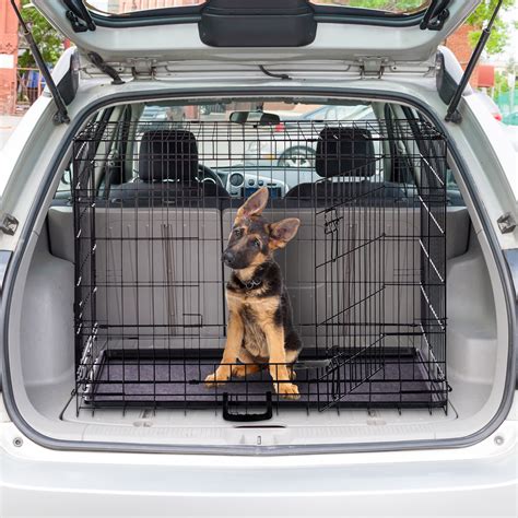 Dog car crate. Width: Measure the narrowest point across the trunk or cargo space. This is typically between the wheel wells. Make sure to take this measurement at the height of the crate to account for any narrowing due to the wheel wells. Depth: Measure from the back of the rear seats to the furthest point back in the trunk. 